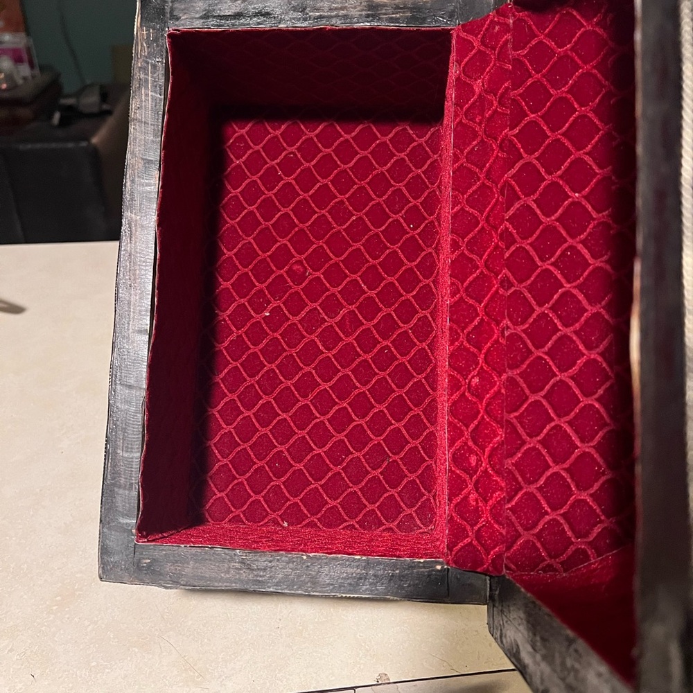 Ornate Moroccan Wooden and Leather Jewelry Box with Silver and Stone Accents - Picture 13 of 16